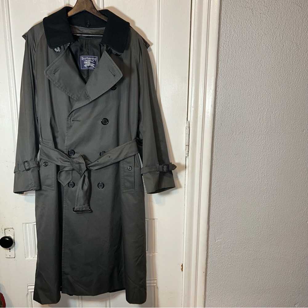 Burberry Gray Trench Coat with classic plaid lining.